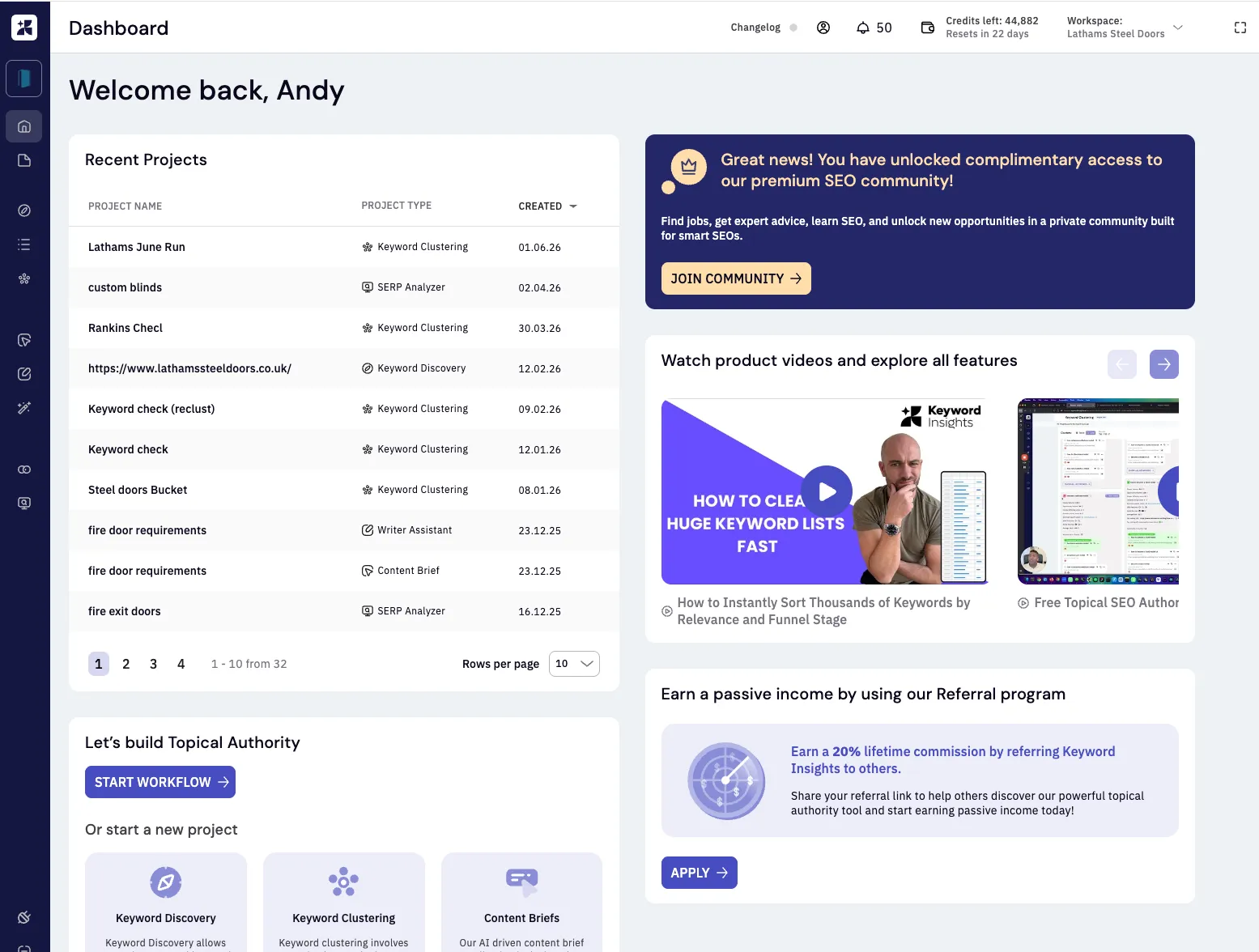 The Keyword Insights product, clustering keywords by search intent